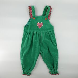 VTG Jumpsuit 12-18 Months Green Corduroy Overall Heart Embroidery Ruffle Holiday